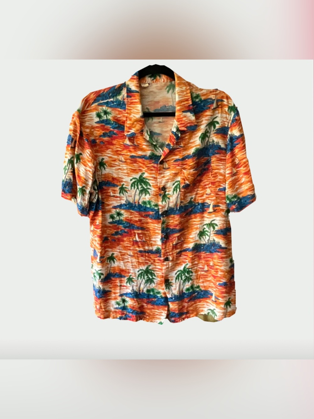 Vintage Tropical Aloha Hawaiian Shirt Orange Sunset Palm Trees Sailboats